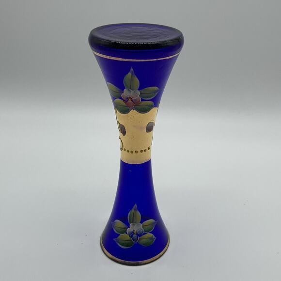 Vintage Bohemian Czech Cobalt Hand Painted Enamel Flowers Bud Vase - Picture 6 of 9